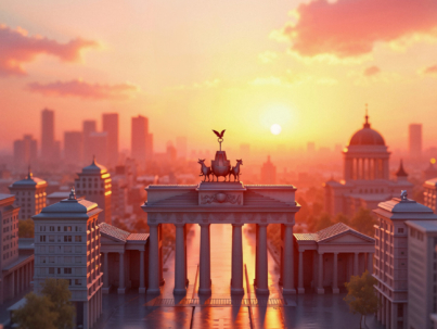 The Frankfurt city surrounded by buildings under a cloudy sky during a golden sunset in Germany